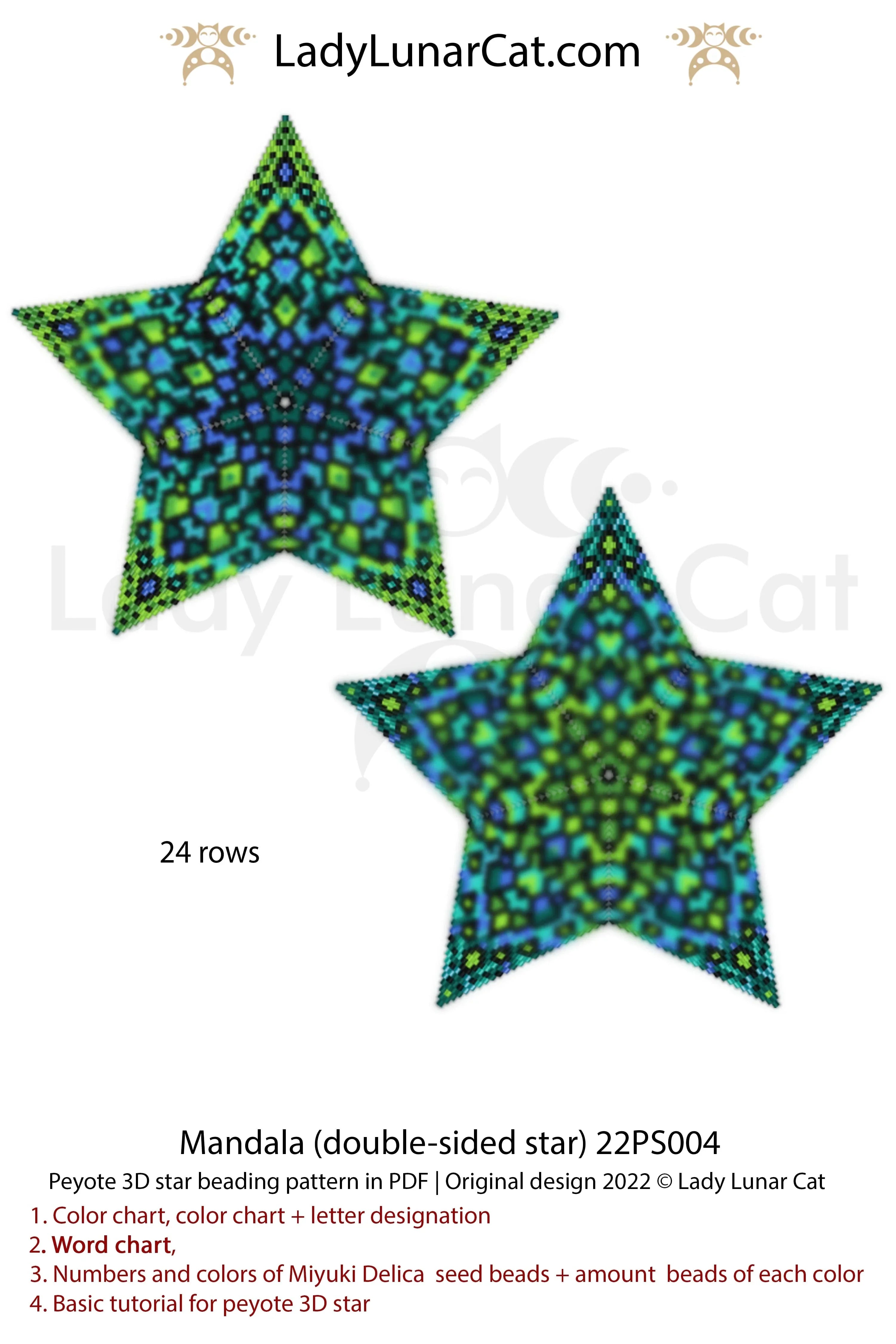 Green mandala peyote star beading pattern preview — 7 colors, graph paper included
