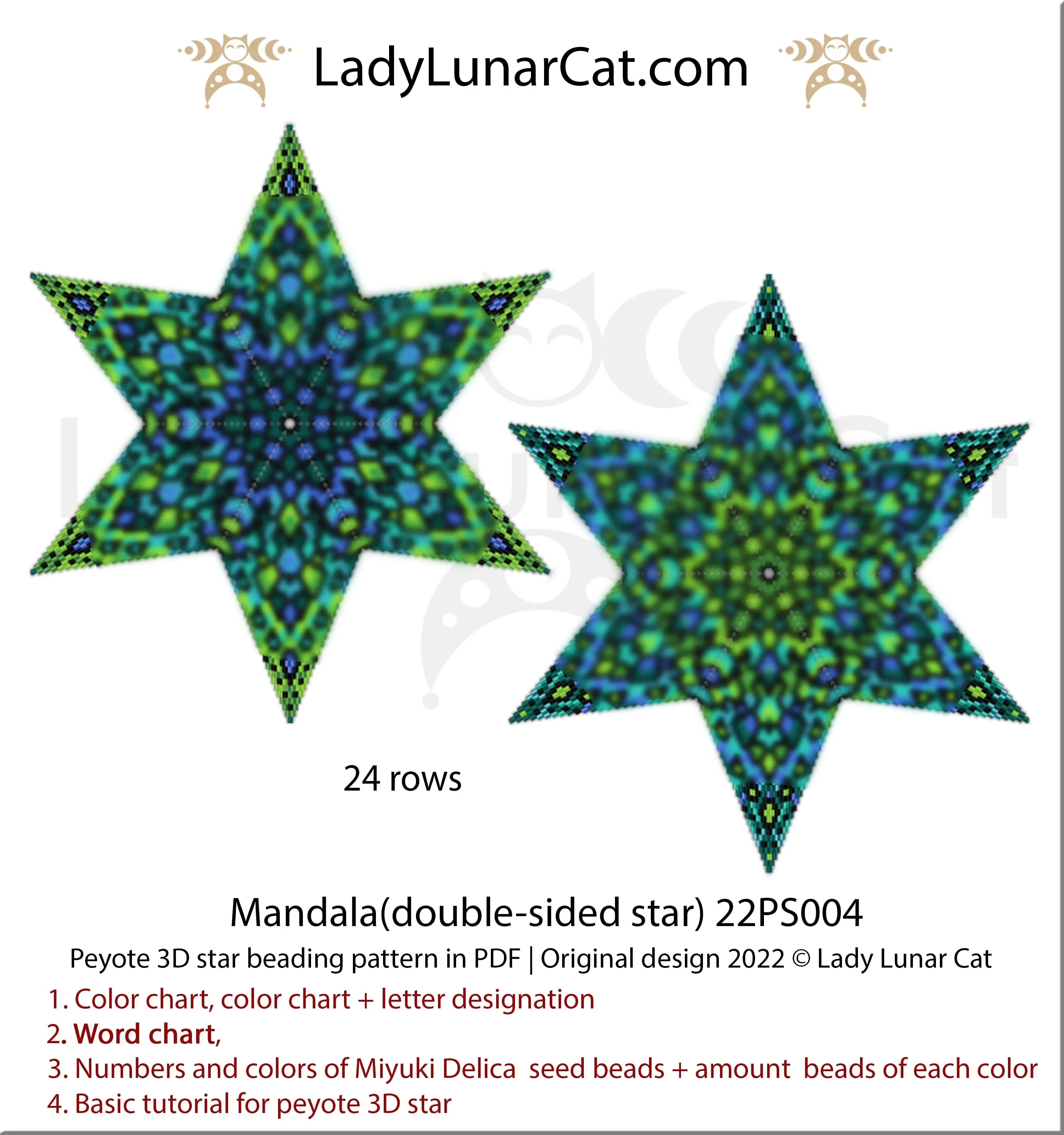 Green mandala peyote star pattern PDF by Lady Lunar Cat — botanical 22PS004