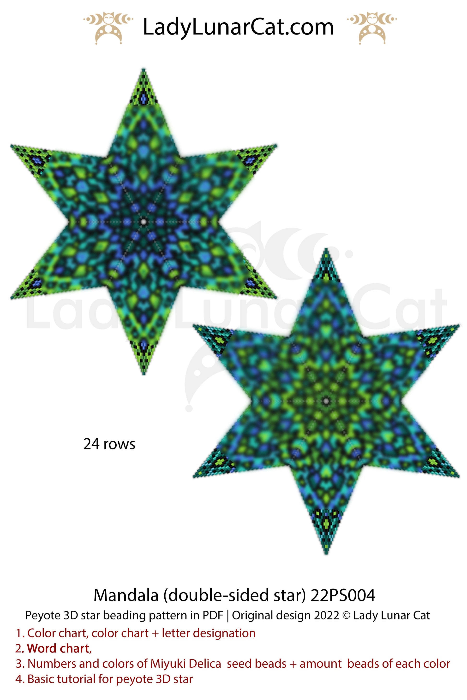 Peyote star pattern for beading - Mandala 22PS004 24 rows LadyLunarCat