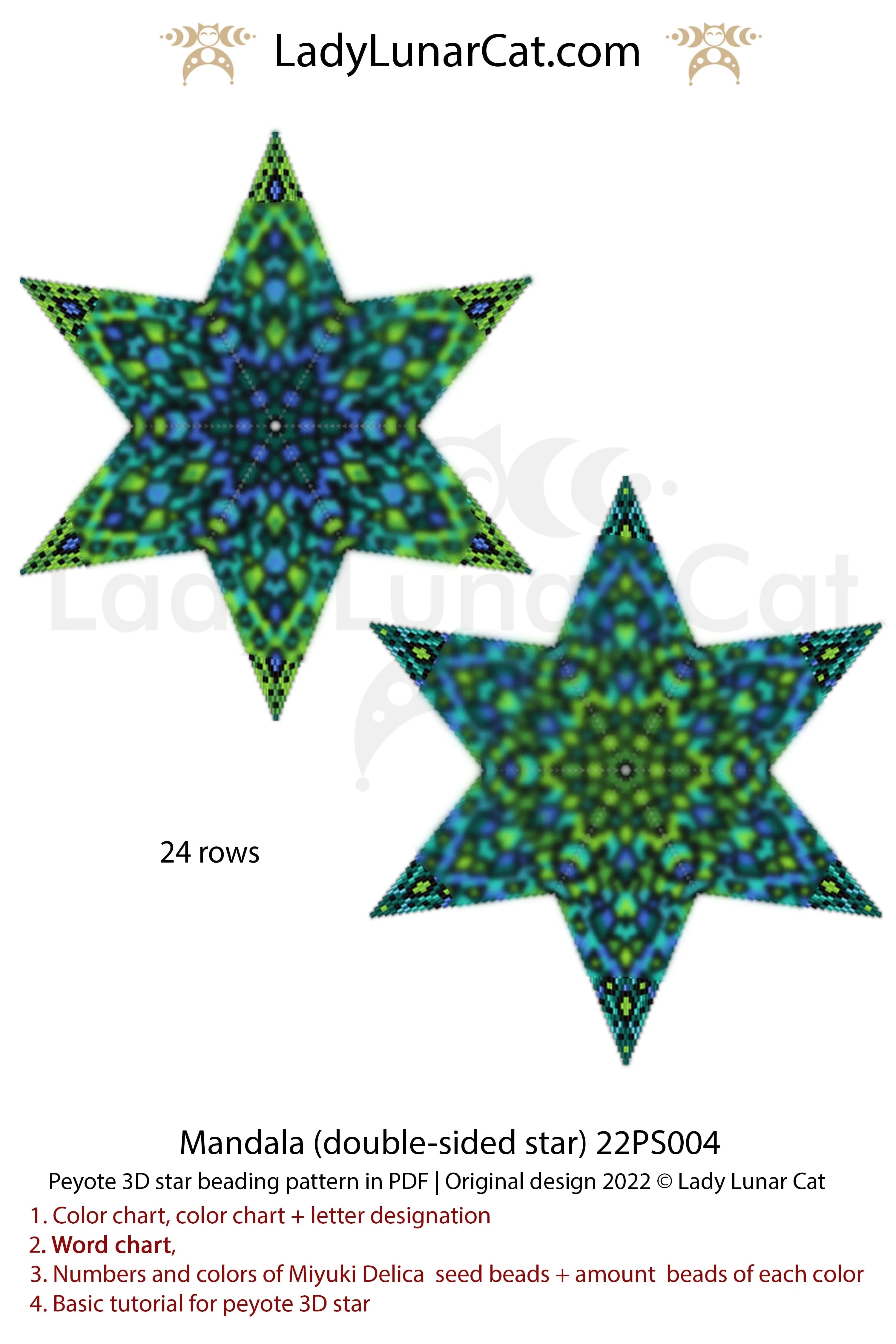 Lady Lunar Cat green mandala peyote star — botanical beading PDF 22PS004