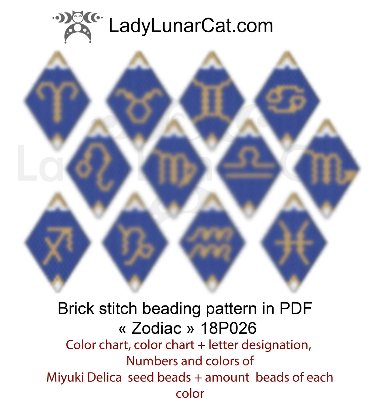 Zodiac brick stitch earrings pattern PDF by Lady Lunar Cat — astrology 18P026