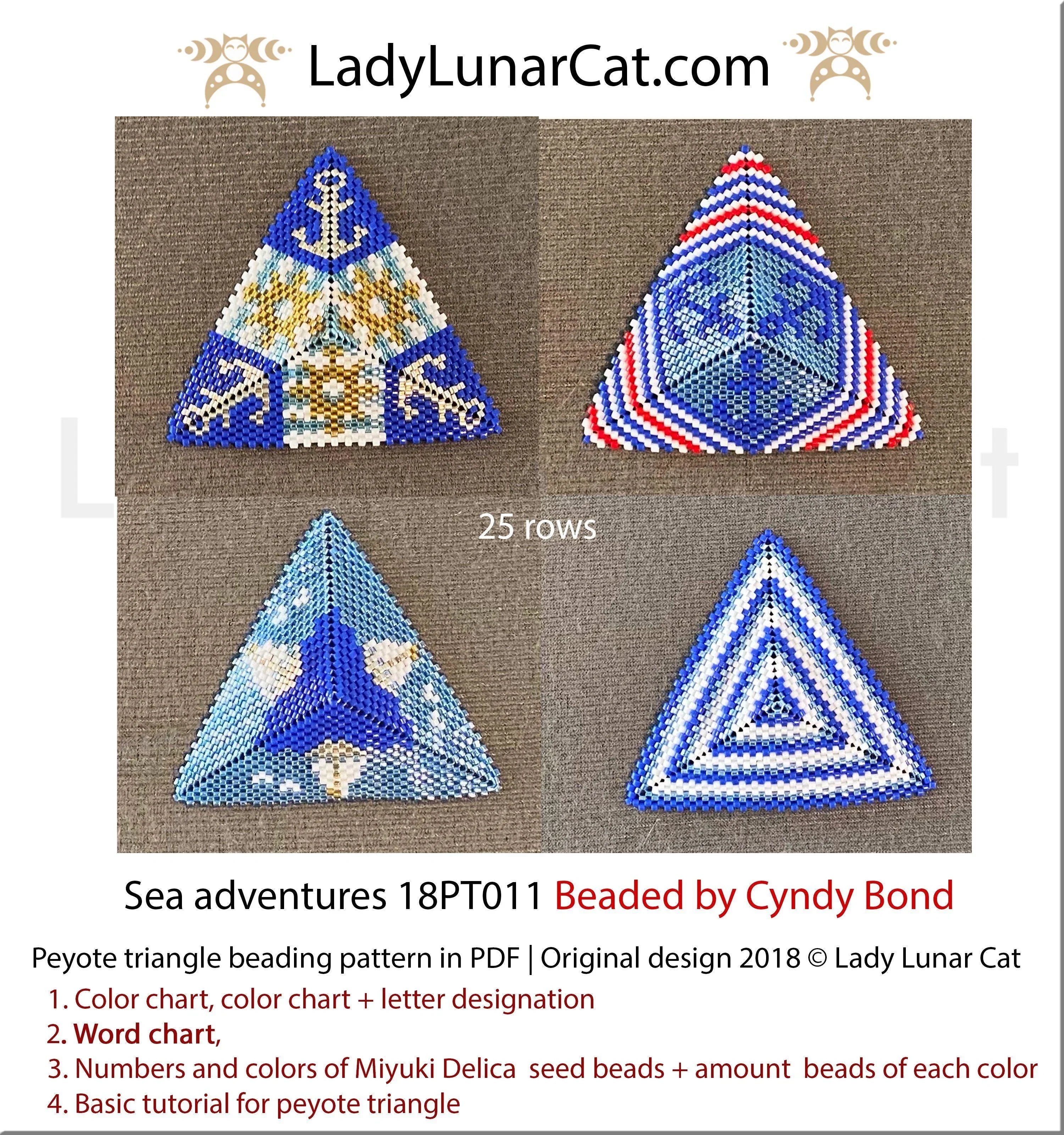 Sea adventures peyote triangle pattern by Lady Lunar Cat — 4 colorways ocean nautical pendant beading PDF 18PT011