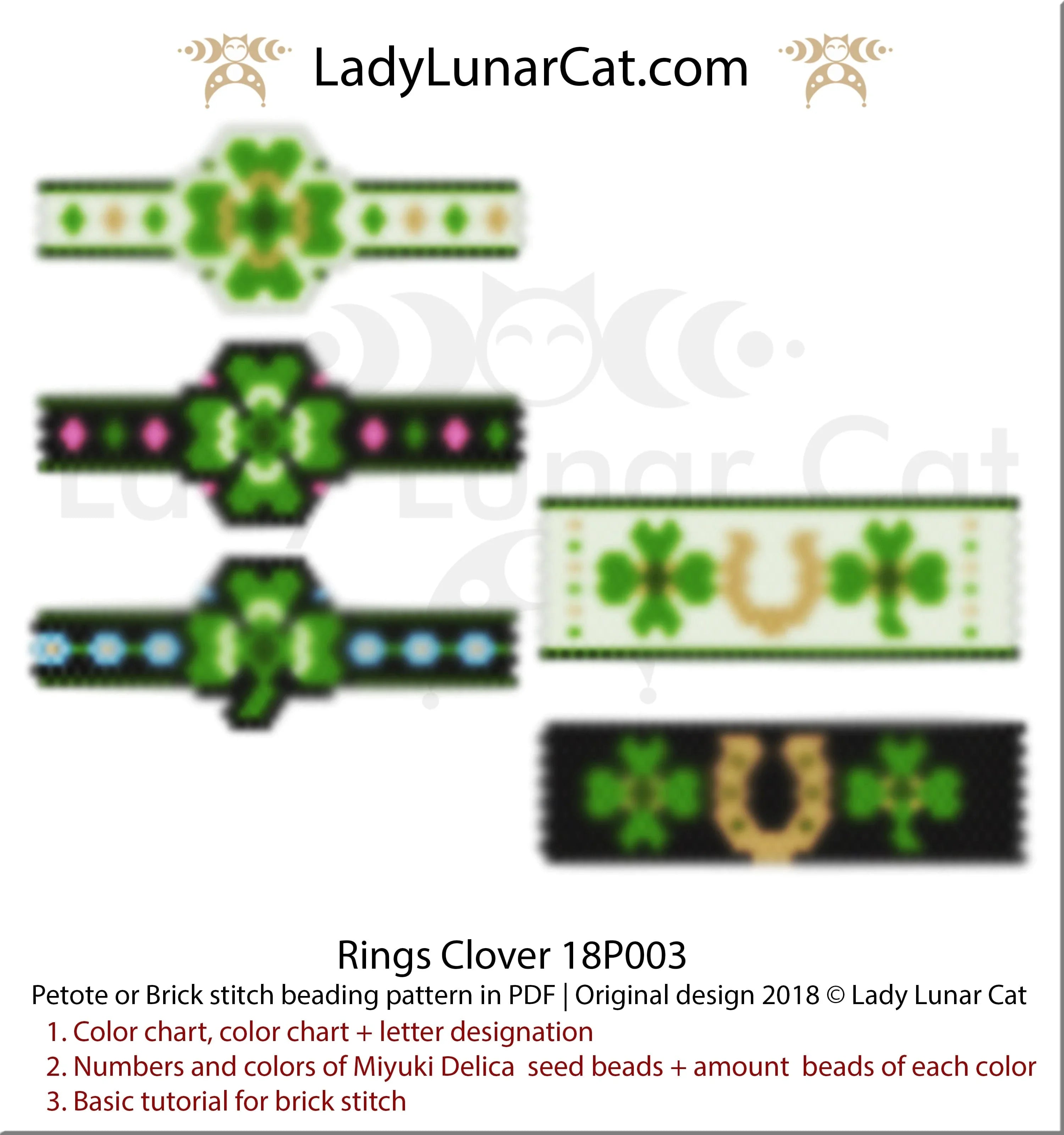Clover peyote ring pattern PDF by Lady Lunar Cat — shamrock beaded ring 18P003