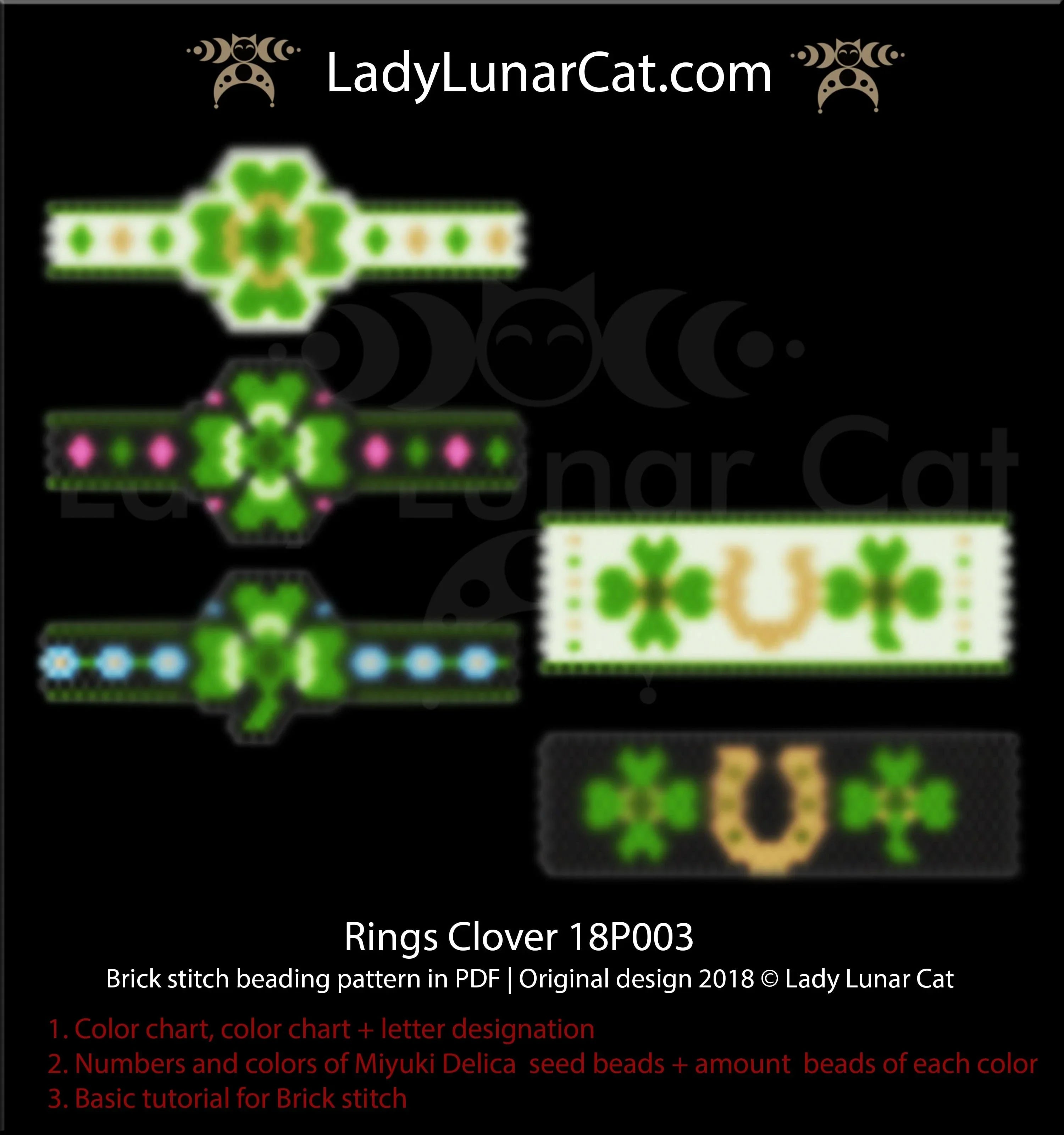 St. Patrick's Day beading pattern — clover ring, 5 color versions, Miyuki Delica 11/0