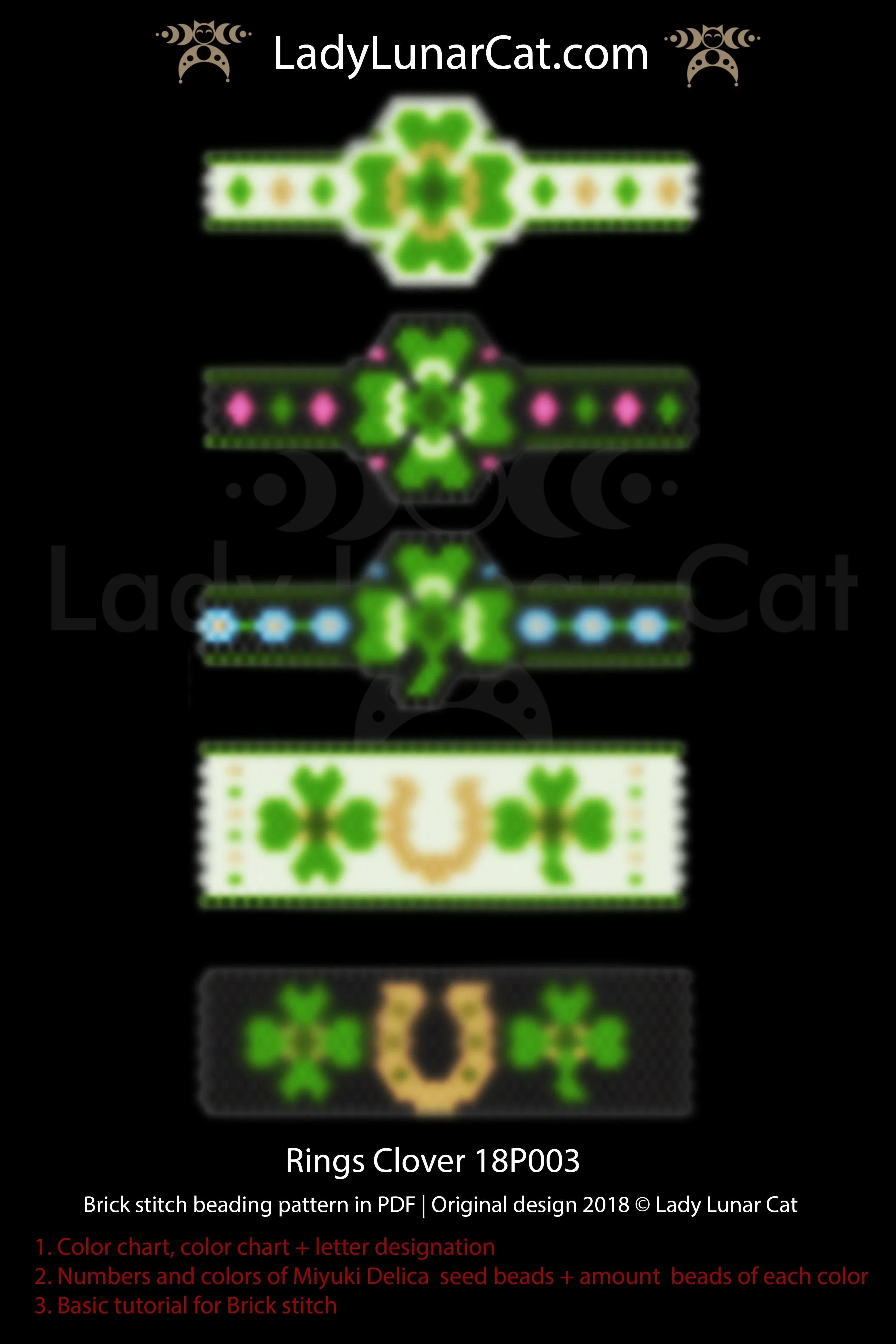 Beaded shamrock ring — peyote stitch tutorial PDF for all levels, one-evening make