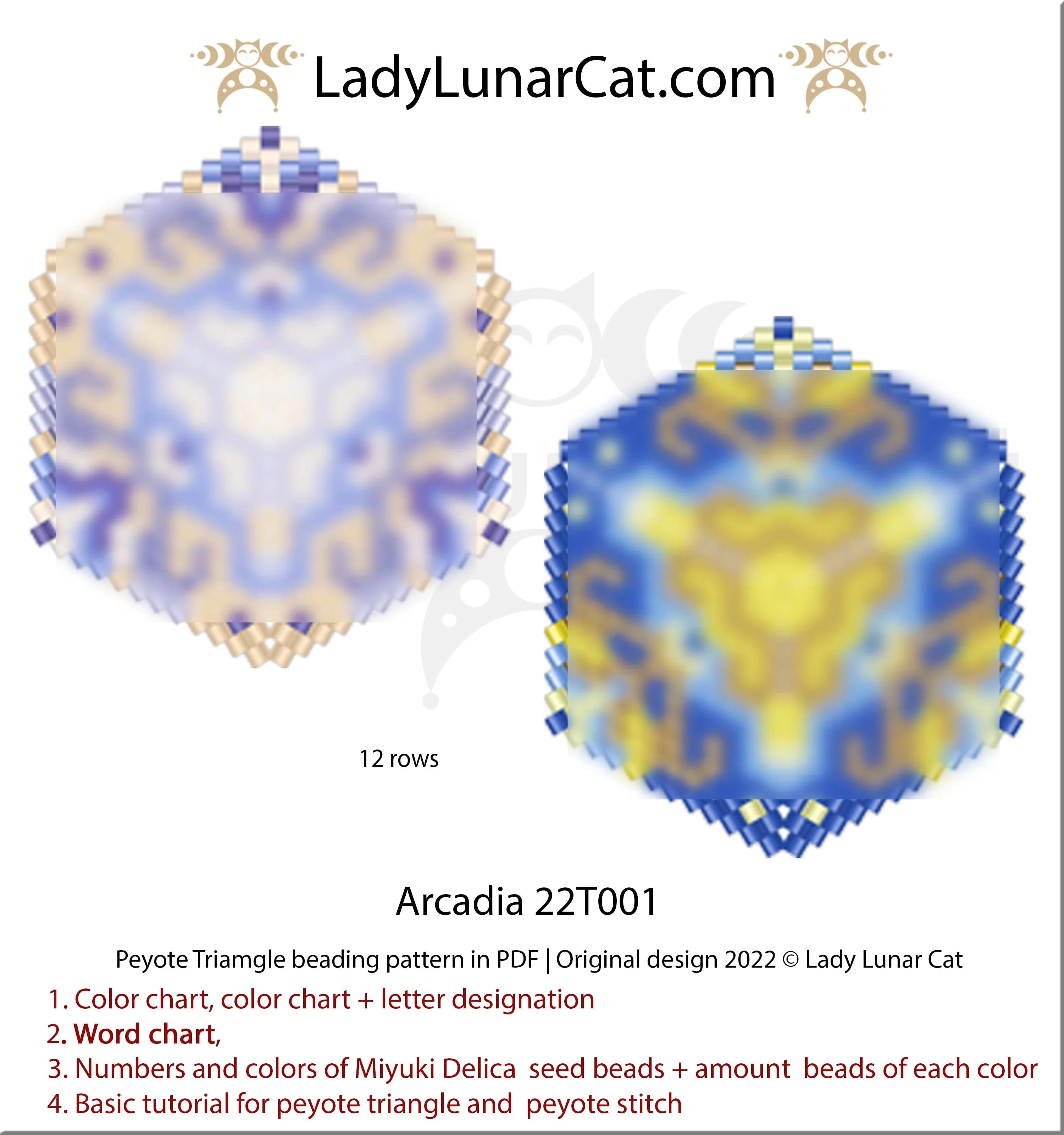 Arcadia peyote triangle — 2 versions, 5–6 colors each, 12-bead radius, Miyuki Delica 11/0