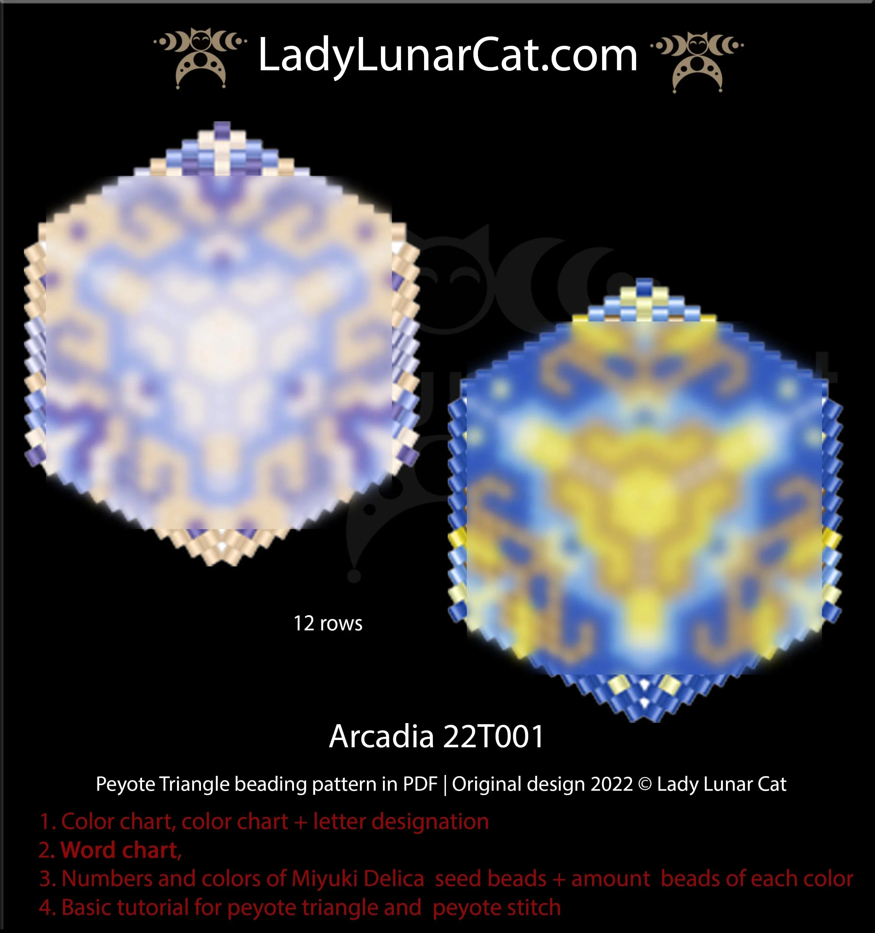 Arcadia peyote triangle pattern PDF by Lady Lunar Cat — 2 versions pendant 22T001