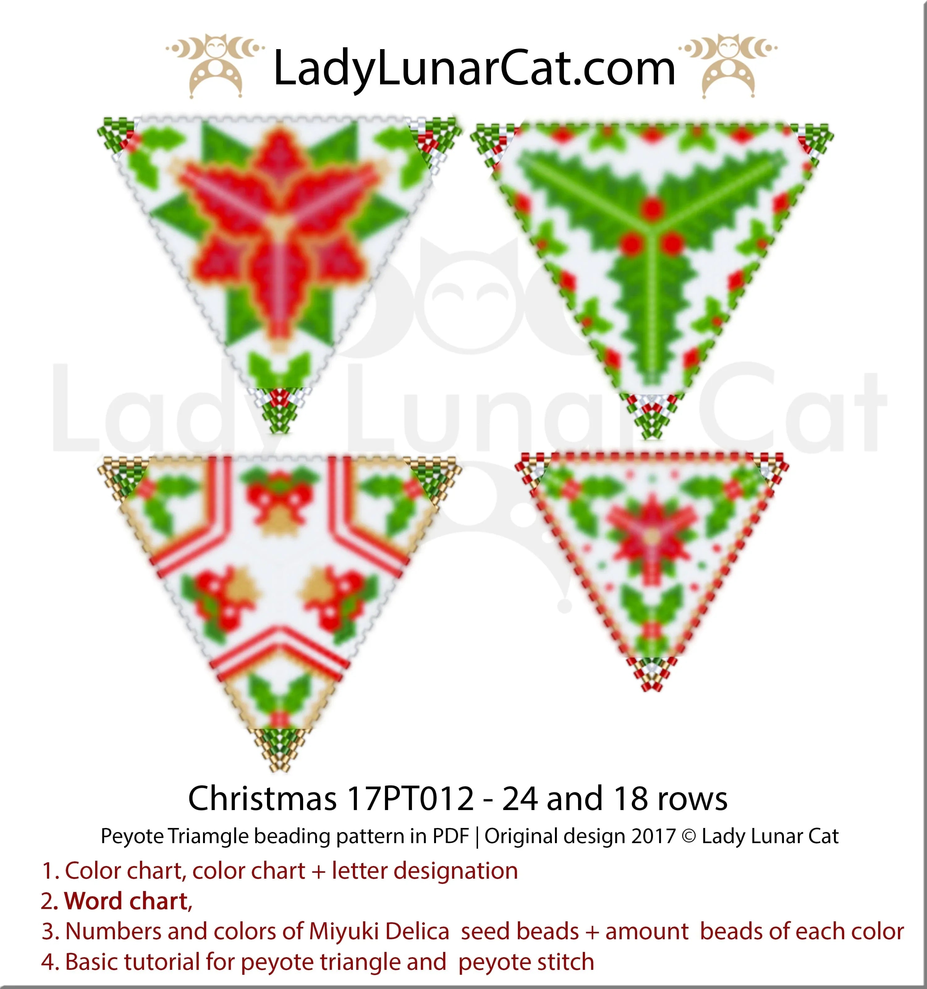 Christmas peyote triangle set — 4 designs, 2 sizes, 4–6 colors each, Miyuki Delica 11/0